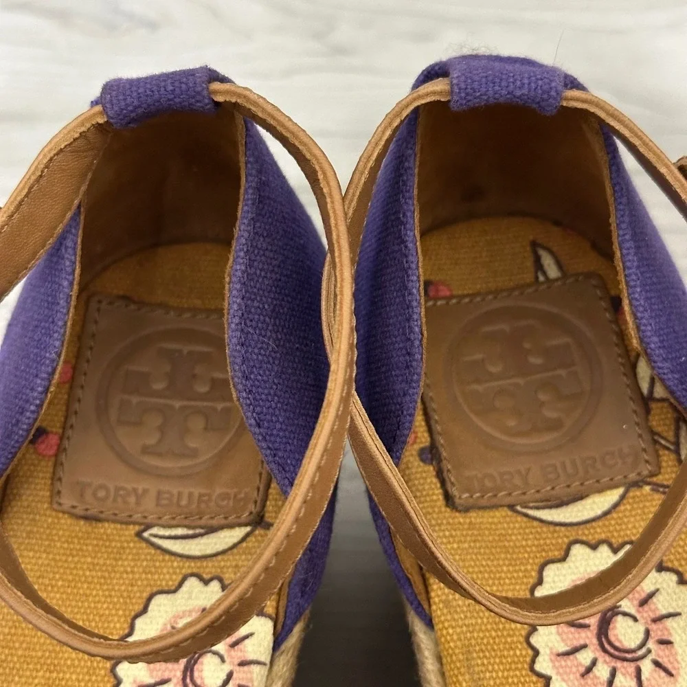 Tory Burch Sherri Mid Wedge‎ Espadrille Sandals Floral Ankle Strap Women's Sz 8